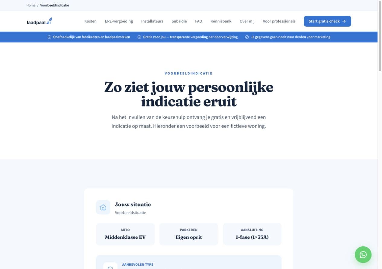 Voorbeeld op laadpaal.ai met een verzonnen woonsituatie en geschatte uitkomsten