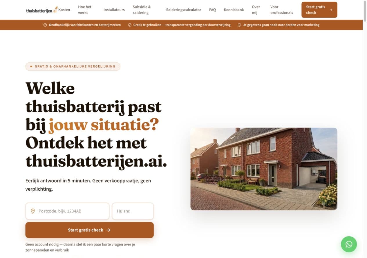 Homepage en start van de keuzehulp op thuisbatterijen.ai